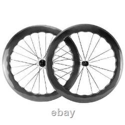 700C Carbon Fiber 65mm Road Bicycle Wheelset Clincher Wheels UD Glossy Rim brake