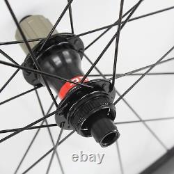 700C Carbon Fibre Road Bike Wheelset Clincher Tubeless Rims Thru Axle Disc Brake