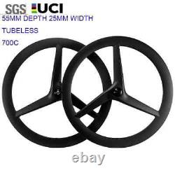 700C Carbon Road Bike 3 Spoke Wheelset 55mm Depth Tubeless V/Disc Brake Wheels