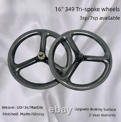 Carbon Fiber Road Folding Bike 3 Spokes Wheelset 16 Inch 349 Clincher Rim Brake
