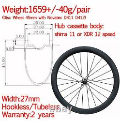 Superlight 29mm hookless carbon road bike disc wheels 45mm tubeless gravel wheel